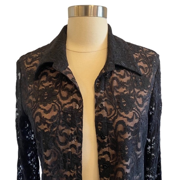 Mesh Lace Long Sleeve Button Down Blouse - Picture 2 of 11